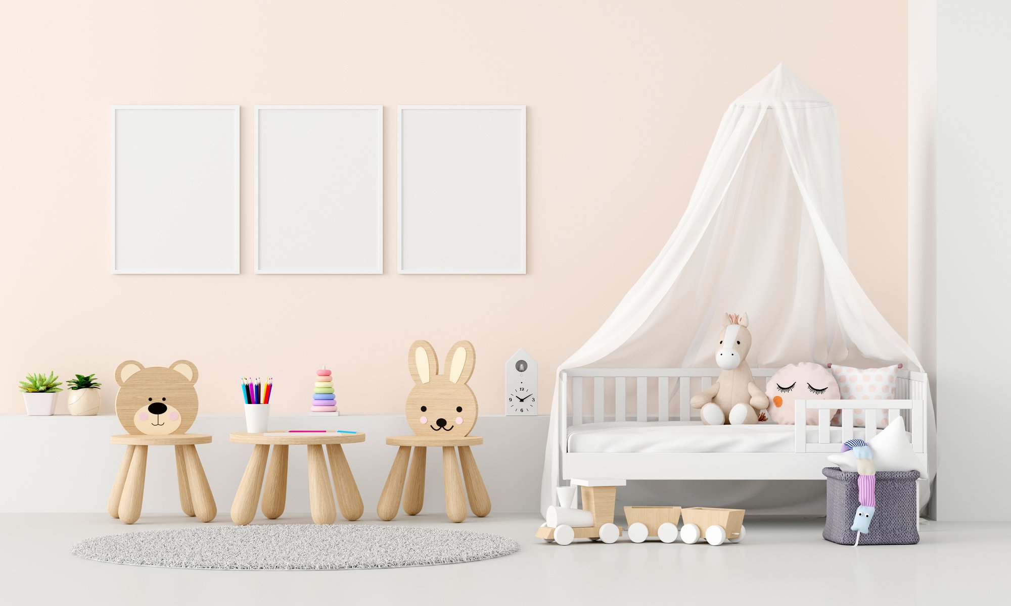 Child’s Bedroom Interior with Frame Mockup 3D Render